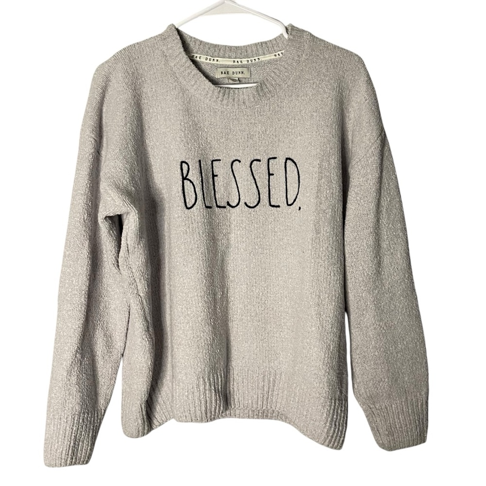 Rae Dunn Blessed Chenille Crew Neck Sweater Long Sleeve Soft Grey Sz XL Pullover - Picture 1 of 6